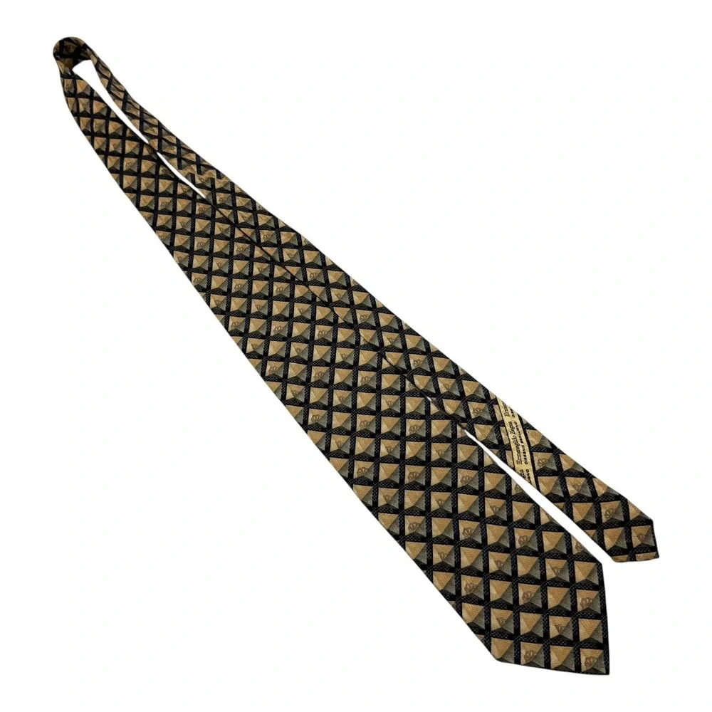 Ermenegildo Zegna Mens Silk‎ Neck Tie Gold Black Geometric Pyramid Made in Italy